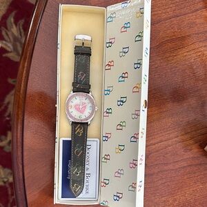 Dooney & Bourke Brown Logo Strap Watch with Pink Heart Dial